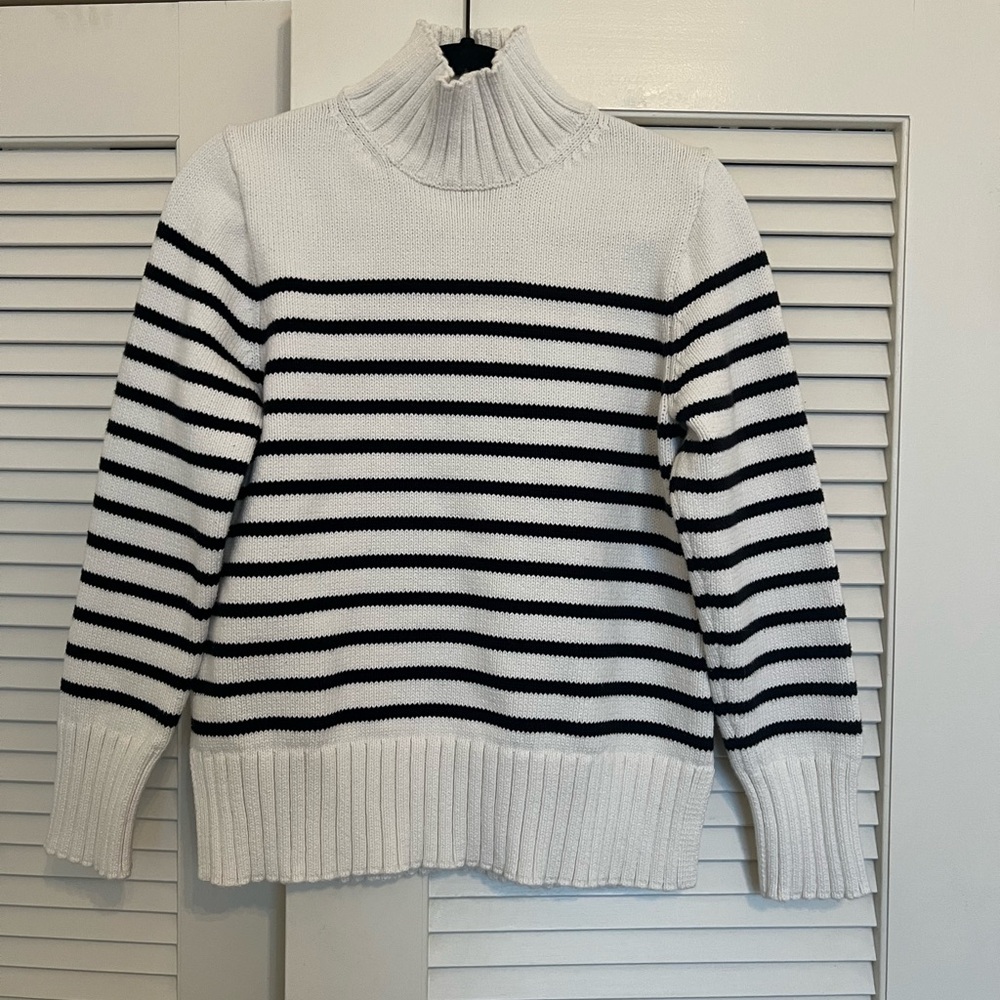J. Crew Black and White Striped Turtleneck Sweater - 100% Cotton